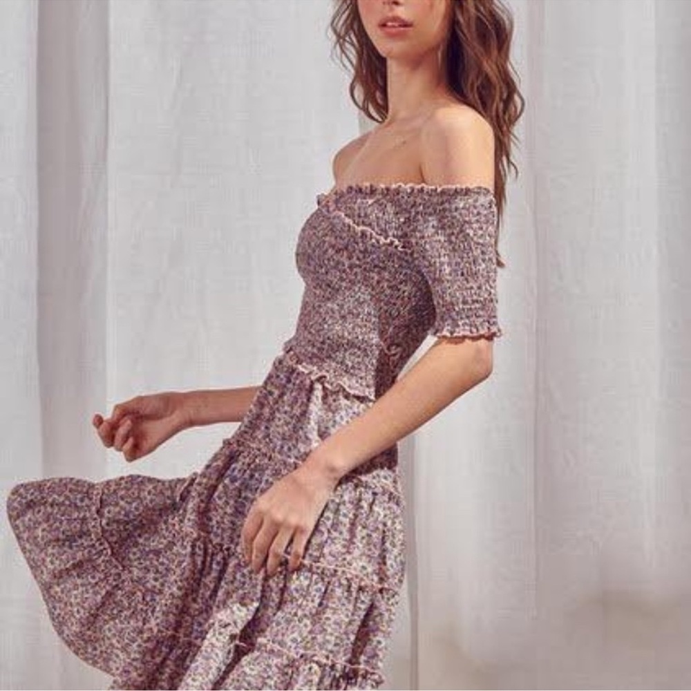 Storia Tiered Smocked Floral Off the shoulder dress